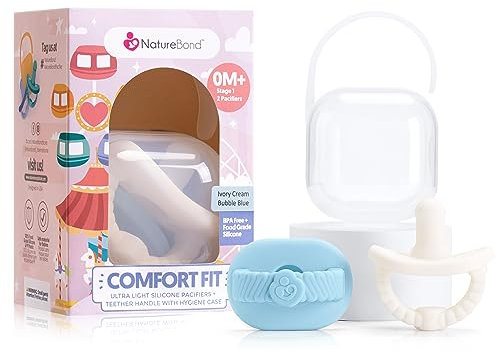 NatureBond Baby Pacifier Dummy Soother Silicone Binky Newborn Teether Pacifiers 2 in 1, Ultra-Light, Curved for Comfort | Hygiene Cover | (0-6 Months, Bubble Blue and Ivory Cream)