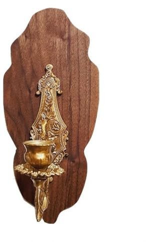 FURLOU Wand-Kerzenleuchter, Messing-Kerzenleuchter mit Holzsockel, Wand-Kerzenhalter, Vintage-Wandleuchter, 13 x 12 x 30 cm