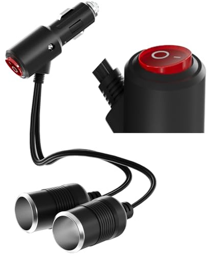 YANTU 120W/10A with Independent Switch Double Cigarette Lighter Adapter/Splitter with 20-inch Cigarette Lighter Extension Cord,12V Plug Socket 2-Way Y Adapter with Dual Charger Ports