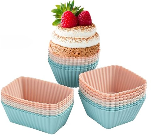 Silikon Muffinförmchen, 24 Stück Muffinform Silikon, Mini Muffins Backform Wiederverwendbarer Backförmchen Rechteck Quadrat Kreis Cupcake Formen für Familie Backen Kuchen Eincreme und Pudding