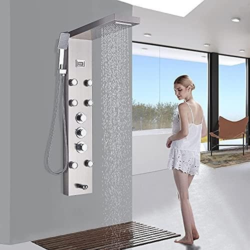 Panneau De Douche Thermostatique Cascade Pluie Colonne De Douche Colonne De Douche Jets De Massage Du Corps Bec De Douche À Main Panneau De Douche Mural - Nickel Brossé