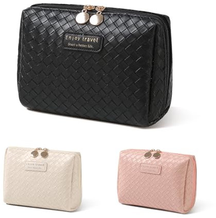 Kosmetiktasche Klein Schminktasche Damen für Handtasche, Mini Make up Tasche PU Leder Wasserdichter Tragbare Travel Cosmetic Taschen Organizer mit Reißverschluss （Black Klein）