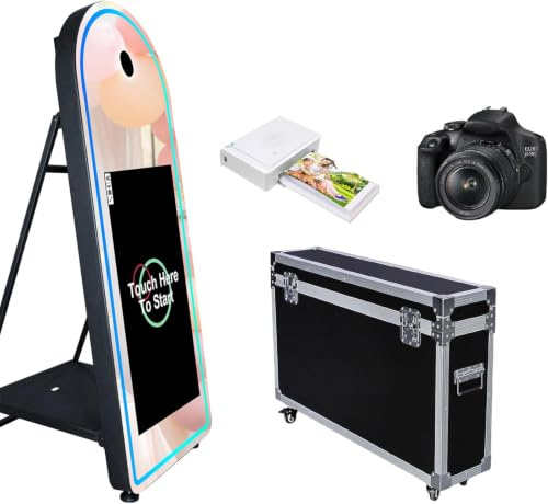 WideMeet Mirror Photo Booth 32 Inch Touch Screen Magic Mirror Booth Machine DSLR Photobooth Selfie 65 Inch Photobooth Machine for Wedding Party Event (Black Machine, Full Set)