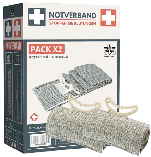 STRATE GEAR Confezione da 2 bende israeliane di emergenza, da 4 militare, bendaggio di garza, materiale adesivo per vigili del fuoco, accessori per graffette, bendaggio elastico