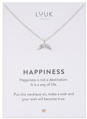 LUUK LIFESTYLE Collana con ciondolo pinna di balena e acciaio inossidabile (50cm), con carta HAPPINESS, gioielli moderno, portafortuna, idea regali donna, lei, compleanno, mare, argento