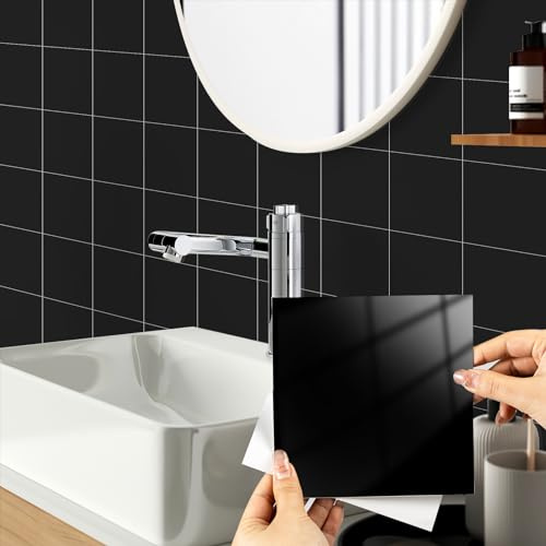 Hode Klebefliesen Küche Fliesenaufkleber Bad Selbstklebende Fliesenfolie | 20 Stück 15x15cm Selbstklebende Fliesen Folie Schwarz Fliesenfolie für Badezimmer Kamin Küchenrückwand Wasserfest