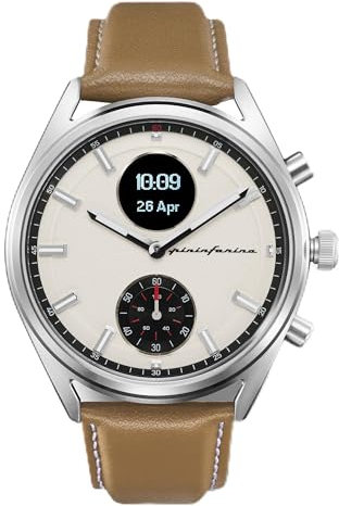 Pininfarina Sintesi Hybrid Smartwatch - Orologio analogico con cinturino in vera pelle, display digitale, bussola, GPS, fitness, frequenza cardiaca, passi, calorie e sonno - Sand Dune