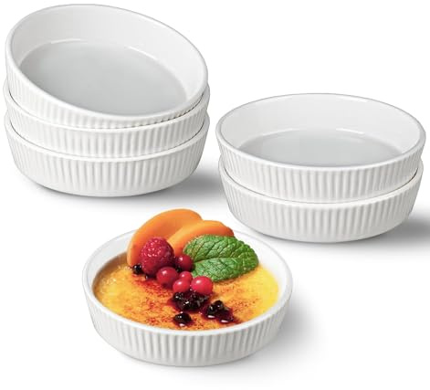KOBIKOBI Ramekins 8 oz Oven Safe Set of 6 - Ceramic Creme Brulee Dishes, Souffle Cups, Individual Quiche Baking Dish, Food-Safe White Pudding Bowls for Kitchen, Stackable and Dishwasher Safe