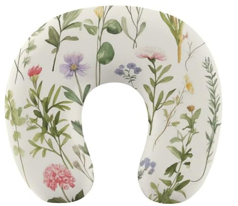 WYUSPGK Reisekissen, Jahreszeit, Wasserfarben von Kräutern, Blumen, Nackenkissen, U-förmiges Kissen, Reise-Nackenkissen, Memory-Schaum-Kissen, Flugzeugkissen, tragbares Kissen