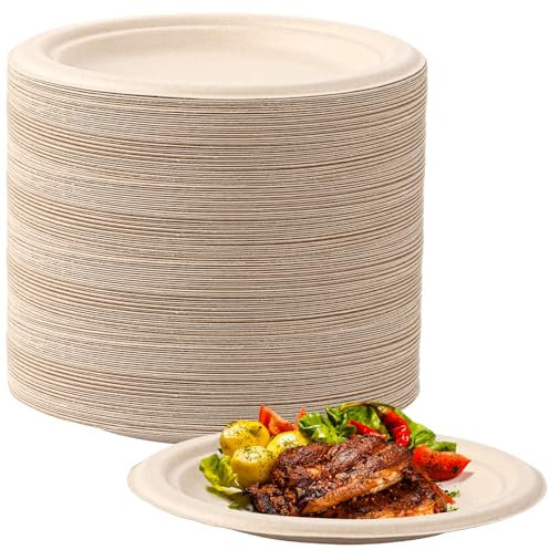 LOPYXBR Lot de 150 Assiette Jetable 17,8cm Assiette Carton, Naturel Assiettes, Assiettes Jetables en Fibres de Canne à Sucre, Jetables Vaisselle Jetable pour Fête, Mariage, Pique-Nique