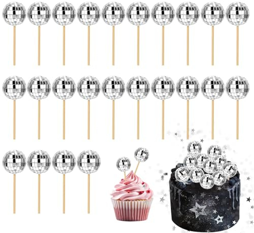 Giantree 24 Stück Discokugel Tortendeko, Disco Cupcake Toppers Discokugel Kuchen Toppers Silberne Spiegelkugel Mini Disco Kugeln Toppers für Disco-Thema Party Zubehör