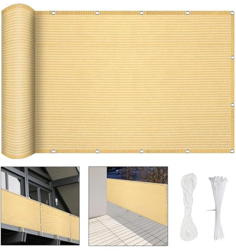 Balkon Sichtschutz Balkonabdeckung 600 x 125 cm HDPE Gewebe, Uv-Schutz, Balkonsichtschutz Balkonverkleidung, mit Kabelbinder Und Kordel, für Camping Swimming Pool, Sandgelb