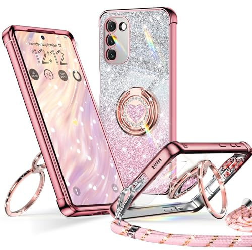 XYZ für Samsung Galaxy S20 FE Hülle mit Band, Herzen Doppelring Ständer | Luxus Glitzer HandyHülle Kameraschutz, Frauen Stoßfest Elektroplattiert Case Soft TPU SchutzHülle Clear, Roségold