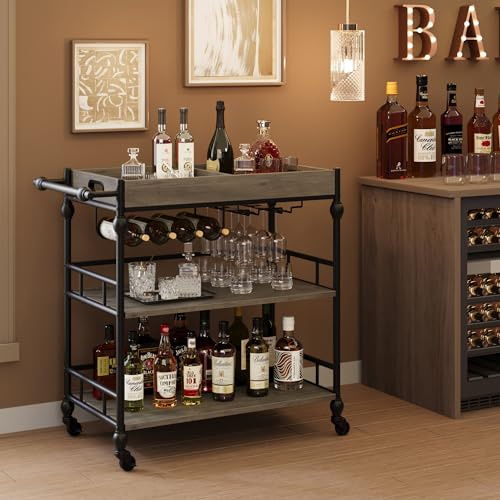 GarveeHome Bar Cart with Wheels, 3-Tier Serving Cart for Home, Mobile Rolling Beverage Cart with Wine Rack and Removable Tray for Kitchen, Dining, Living Room, 35.4 x 15.7 x 34.1, Grey