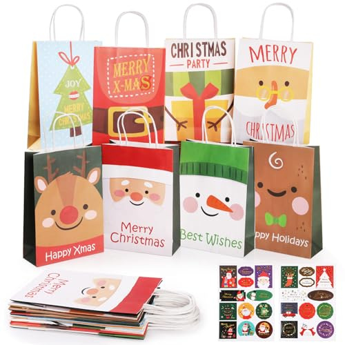 Bigqin 24 Stück Papiertüten Weihnachten, Geschenktüten mit Henkel, Gift Bags Geschenktaschen Gastgeschenke Tüten Adventskalender Geschenkverpackung für Weihnachten Partys - 25 x 17 x 7cm
