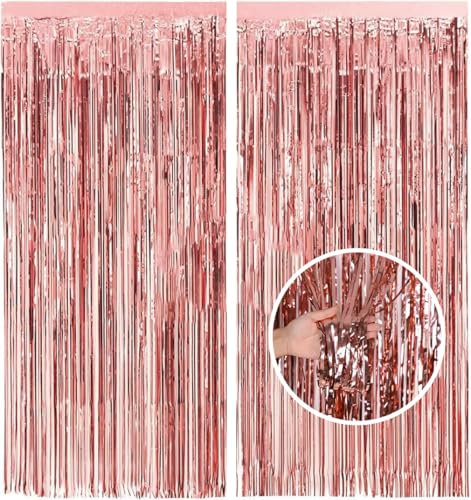 2Pcs Foil Curtain Decorations - 3.2ft x 6.5ft Tinsel Curtain, Glitter Door Curtain, Tinsel Hanging Streamers for Party, Prom, Birthday, Christmas, School Graduation Decorations (Rose Gold)