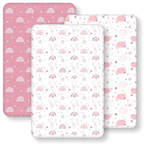 Fiemol Sábanas Bajeras Minicuna 83x50 cm, Juego de 3 Sábanas para Minicuna de Bebé Next to Me, con Esquinas Elásticas, Microfibra Ultra Suave y Sedosa, Rosa y Arcoíris