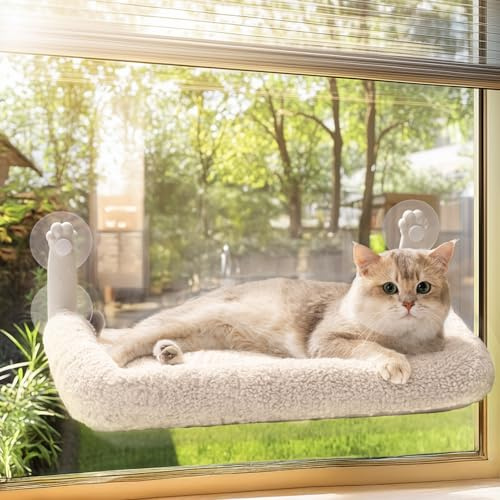 MEWOOFUN Weiche Katzen fensterhängematte – 54x30cm faltbares Katzen fensterbett mit wendbarer Matte, stabile Katzenhängematte hält bis zu 18kg (beige - mit Bett, M)