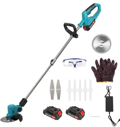 21V Wacker sans Fil, mangeur de Mauvaises Herbes électriques avec 3 Lames, Tige télescopique, tête réglable à 60 °, Tondeuse Gazon légère/chaîne Corde pour Bordure, arbustes, Jardins, Vert