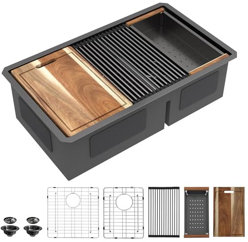 Fulorni 33x19 Undermount Black Double Bowl Kitchen Sink Workstation