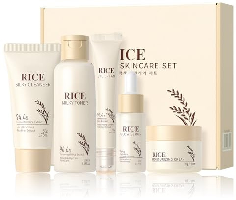 Korean Skincare Set,Glass Skin Care Gift Set,Rice Skin Care Sets & Kits-Rice Cleanser,Toner,Serum,Cream,Eye Cream,Facial Kit for Glowing Skin,Rice Raw Pulp Beauty Gift Set for Women (One Size, Rice)