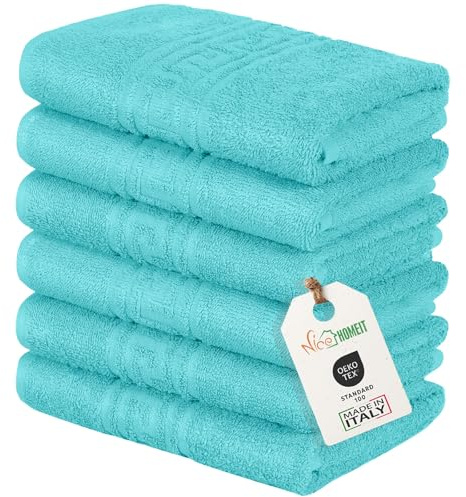 nice homeit Set mit 6 Handtüchern für Gesicht und Hände 40 x 60 cm – Badetücher aus 100% ringgesponnener Baumwolle – extra weich und saugfähig – Made in Italy – Hellblau Wasser