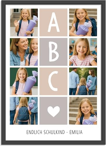 OWLBOOK® Personalisiertes Foto Bild mit 8 Fotos selbst gestalten | Foto Geschenke zur Einschulung | Fotogeschenke zum Schulstart | Einschulungsgeschenke | ABC | Papier