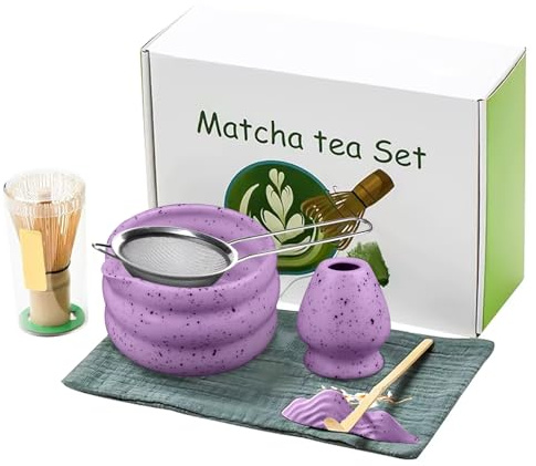 GOEDCH Lot de 7 pièces de qualité supérieure - Ensemble de matcha japonais complet avec bol à matcha en céramique, chasen, cuillère et accessoires - Kit traditionnel de cérémonie du thé pour la