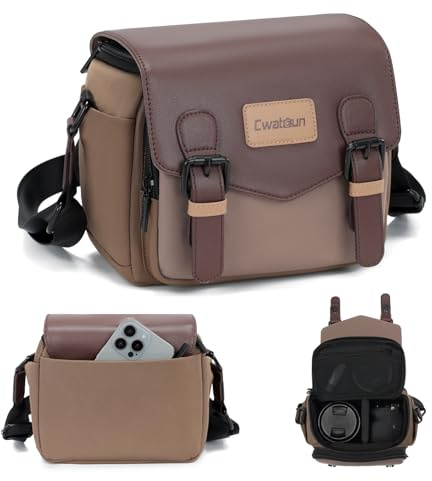 Cwatcun Camera Shoulder Bag, Waterproof Camera Sling Case for Photographers | Sling Shoulder Bag With Anti-Theft Design For DSLR Camera, Easy To Clean, Compatible with Nikon Canon Eos r50. Y9, Brown, S