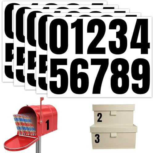 Fourindo 5 Blätter Zahlen Aufkleber Schwarz, 10 cm Groß Hausnummer Aufkleber, Wetterfest und Wasserdicht Selbstklebende Vinyl Zahlen 0-9 für Briefkasten, Postkasten, Schilder, Fenster