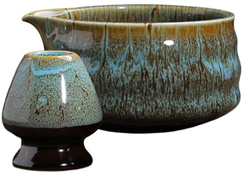 Matcha-skål med hällare, 2 stycken Matcha-teset blå av keramik med chawan 500 ml handgjord akvarell, japansk matcha-skål matcha-startset för hem och kontor gåva