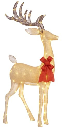 Outsunny Reno Luminoso de Navidad, Decoración de Navidad con 137 LED Blanco Cálido, Illuminación Navideña para Interior, Exterior y Jardín, Dorado