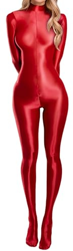SEAUR Women's Oil Shiny Bodysuit See Through Glossy Sheer Long Sleeve Catsuit Zipper Jumpsuits