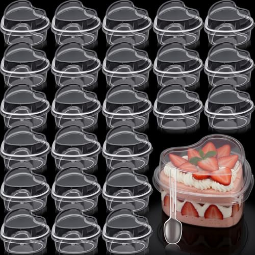 Potchen 24 Pack Heart Shaped Dessert Cups with Lids and Spoons 4 oz Mini Plastic Dessert Container Appetizer Parfait Cups Clear Shooter Container for Valentine Wedding Serving Party