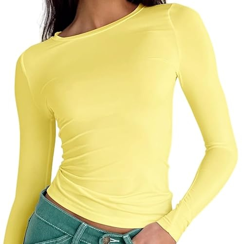 OYIGELZ Women's Basic Long Sleeve Shirt Crew Neck Slim Fit Crop Top Y2K T-Shirt Casual Blouse Tee Tops Streetwear(Light Yellow-T1,M)