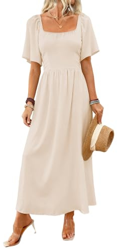 LIAMERHE Women's Summer Maxi Dress Elegant Square Neck Flutter Sleeve Long Sun Dress Boho A-Line Tea Dress High-Waisted Flowy Party Wedding Guest Dress Plain Casual Holiday Dresses Beige M