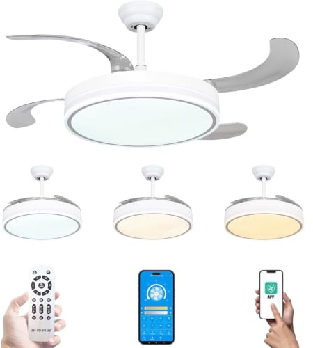 MiKoMiKa Ventilador de techo 96W con luz LED 60W+DC 36W en 3 Temperatura con Mando a Distancia -Motor DC Eficiente y Silencioso,aspas desplegables, 6 velocidades, control remoto, temporizador (F8808)