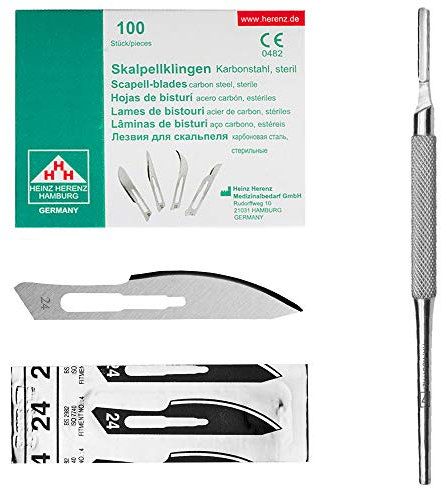 Set avec 100 x lames de scalpel N° 24 - Lame stérile en acier au carbone et 1 x May - manche de scalpel Figure N° 4 avec manche rond en acier inoxydable