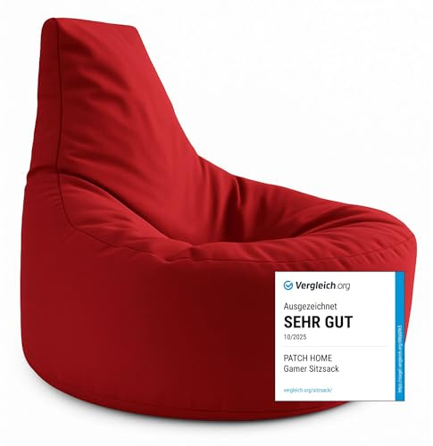PATCH HOME Gamer Kissen & Lounge Sitzsack – befüllbar mit Reißverschluss, gefüllt mit Styropor, geeignet für In- & Outdoor. Perfekt als Gaming Sessel Sitzkissen (Rot - Ø 80cm x Höhe 90cm)