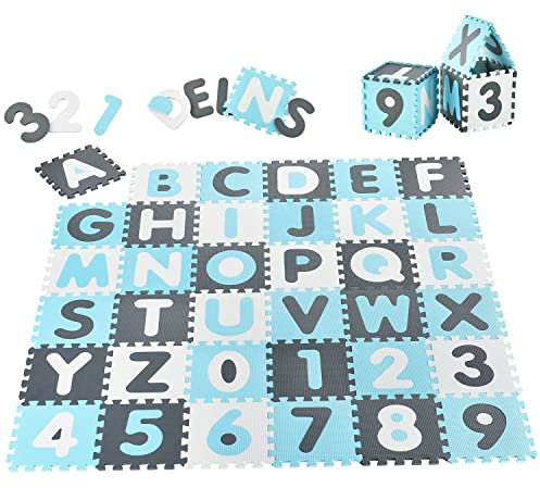 Juskys Kinder Puzzlematte Noah 36 Teile mit Buchstaben A-Z & Zahlen 0-9 - rutschfest — blau für Jungen - Puzzle ab 10 Monate - Spielmatte