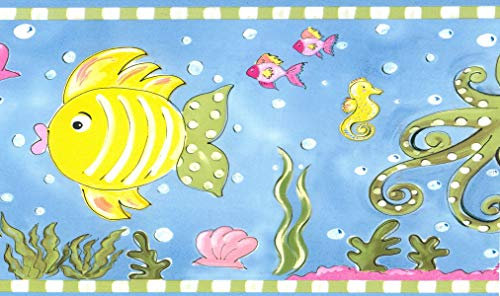 Dundee Deco BD6275 - Bordo per carta da parati preincollato, per bambini, colore: rosa, verde, blu cobalto, pesci, cavalluccio marino, meduse, polpo