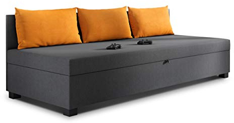 Sofnet - Schlafsofa Misti III mit Kissen (Graphit + Orange, Lux 06 + 09) | Einzelbett, Sofa mit Bettkasten, Bettsofa, Komfortbett, Bettgestell, Jugendzimmer, Schlafmöbel, Strukturstoff