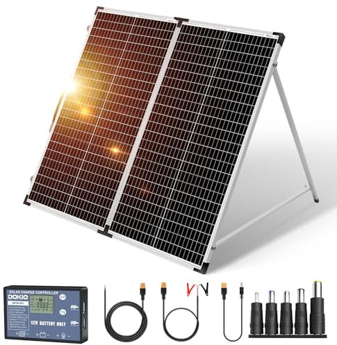 DOKIO Solarkoffer 160W 18V Monokristalline Solarpanel Faltbar mit Solarladeregler (LCD Anzeige + 2 USB Ausgang), PV Kabel (3 Meter), 5 DC Adapter