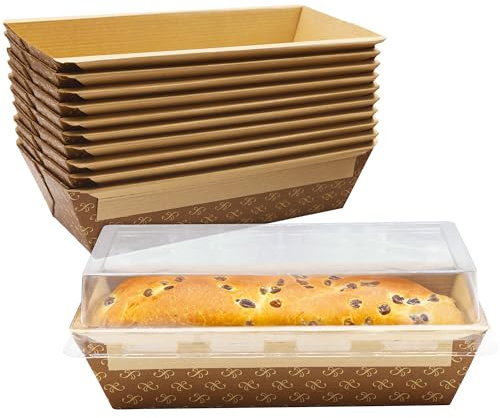 Avant Grub Baking Pan Chef Grade 1Lb Paper Loaf Pans 10 Pk. Elegant Disposable Bakeable Kraft Pan Supplies for Baking Bread, Small Meatloaf, Bundt Cake, Sweets, Kraft Paper - With Lids