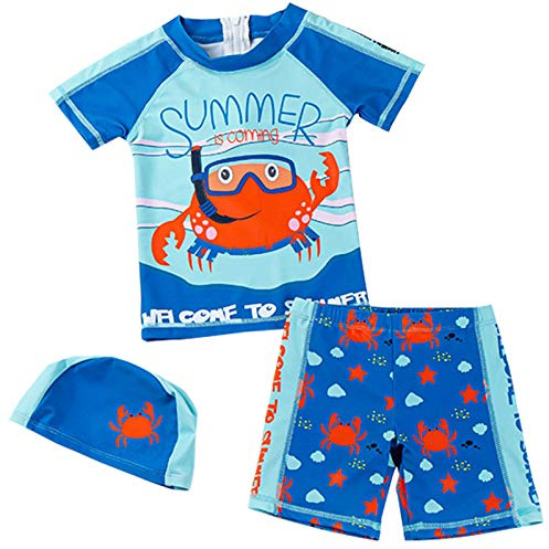 Happy Cherry Pantalones Cortos de Natación Anti-Ultravioleta Niños con Protector Solar Bañador Tipo Bóxer Bebé con Banda Elástica + Gorro de Baño Cangrejo de Dibujos Animados Niños 7-8 años