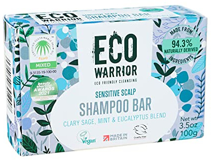 Eco Warrior Sensitive Shampoo Bar – Vegan, Cruelty Free, No SLS or Parabens, Deeply Nourishing White Clay & Clary Sage Oil, Natural Mint Plus Eucalyptus – Eco Friendly, 100g