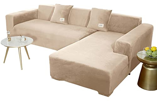 JHLD Stretch Samt Sofabezug L Form-Beigegrau-2 Sitzer+3 Sitzer | Weich Bequem Anti-rutsch überzug ecksofa Waschbarer Für Kinder Haustiere Hunde Katzen