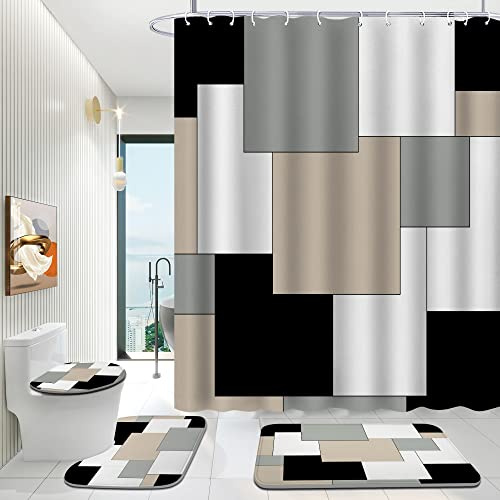 ENYORSEL Grey Bathroom Set with Shower Curtain and Rugs, 4 Piece Geometric Set, Incl Shower Curtain with 12 Hooks, Bath Mat, U-Shaped Floor Mat, Toilet Lid Oval Rug