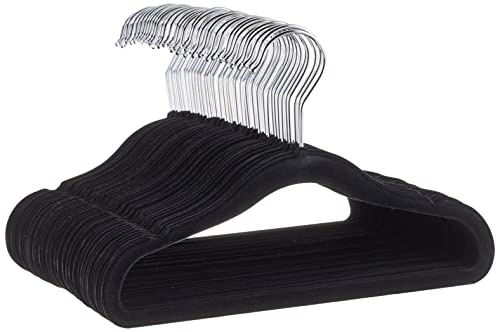 Amazon Basics Kids Space Saving Velvet Non-Slip Clothes Hangers with Shoulder Notches for Infant and Toddler, 11.6, Black, 50-Pack