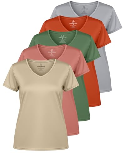 Real Essentials Ladies Dry Fit V Neck Camiseta Mujer (Pack de 5) | Disponible en tallas grandes, manga corta, absorbe la humedad, elástica, ropa deportiva para correr, senderismo, tenis